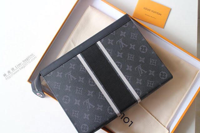 lv手包 Pochette Voyage中號手袋 M64440灰色老花 lv黑花男士手拿包  lvqb1246